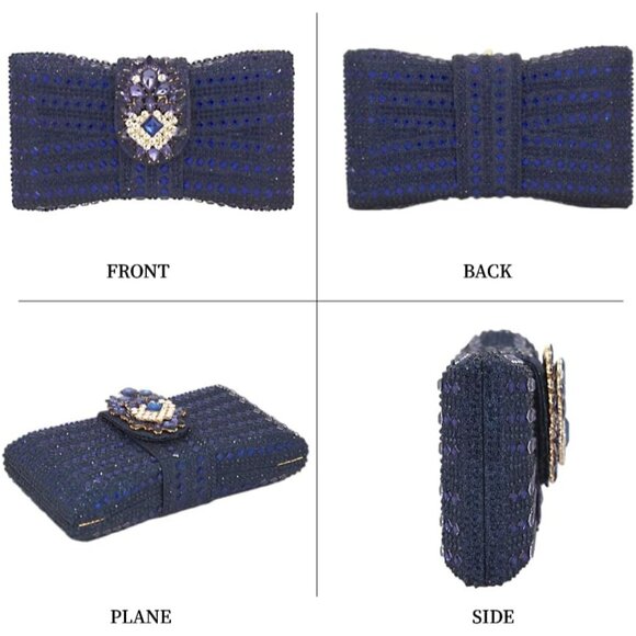 Womens Blue Novelty Bow Evening Silver Rhinestone Party Crystal Clutch - Picture 6 of 8